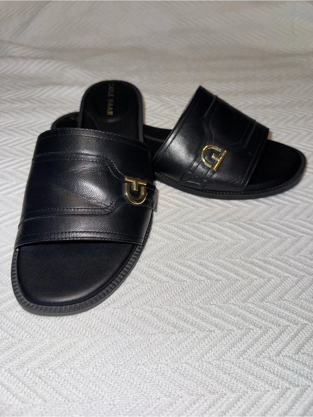 Cole Haan Black Leather Slide Sandals with Gold Accent